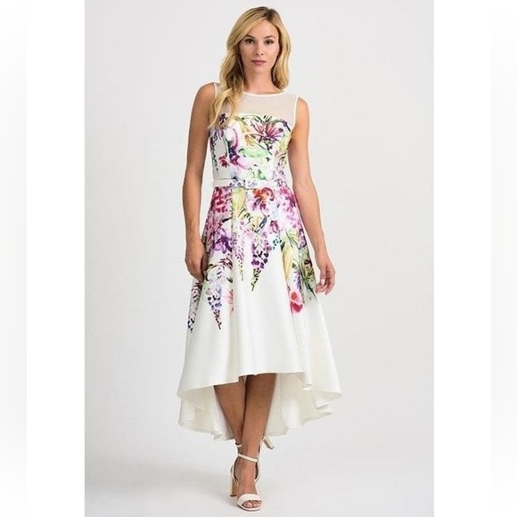 Joseph Ribkoff Floral High-Low Dress - White and Multicolor - Picture 2 of 14